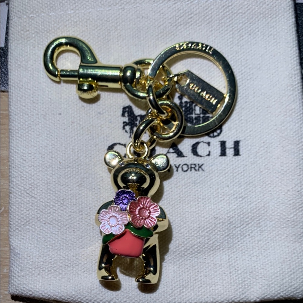 COACH Gold Bear Keychain with Pink and Purple Floral Accents